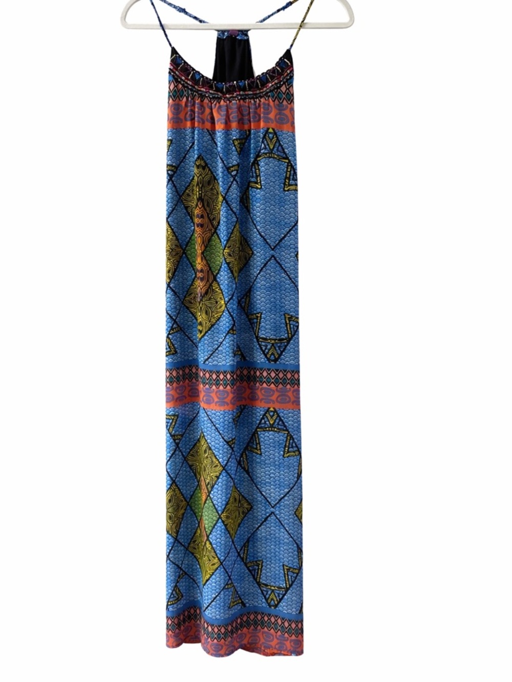 Eight Sixty/South Moon Under Blue Maxi Dress with Rust and Olive Geometric Print